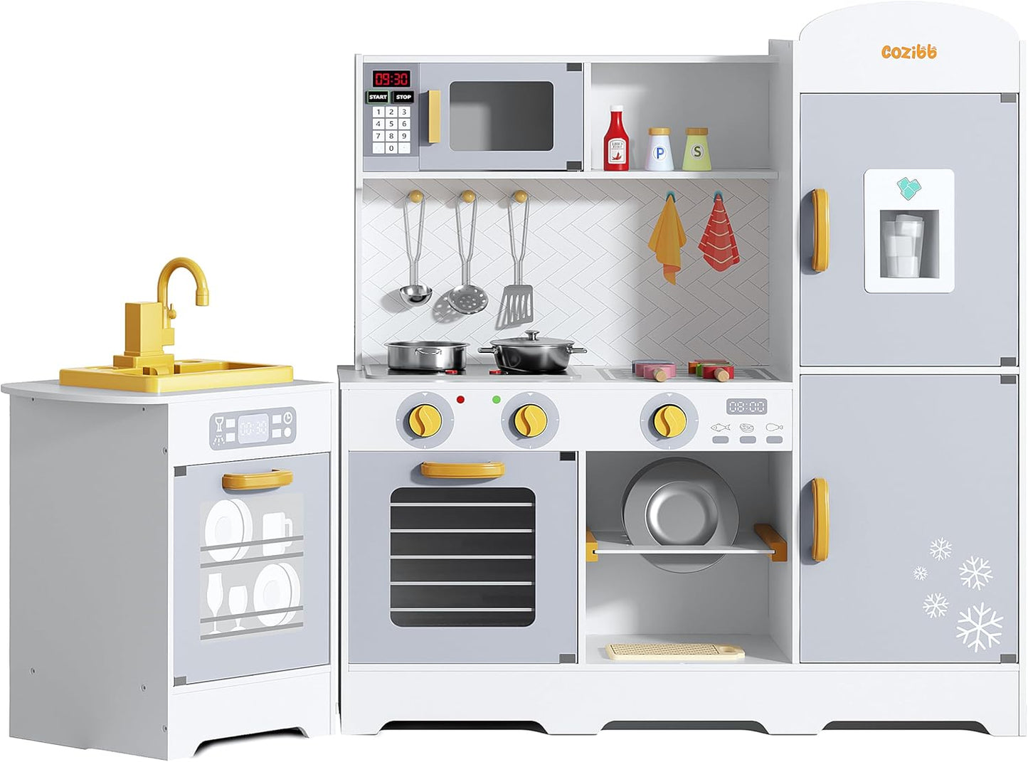 Wooden Play Kitchen Set with 21pcs Accessories - Lights & Sounds, CoziBB