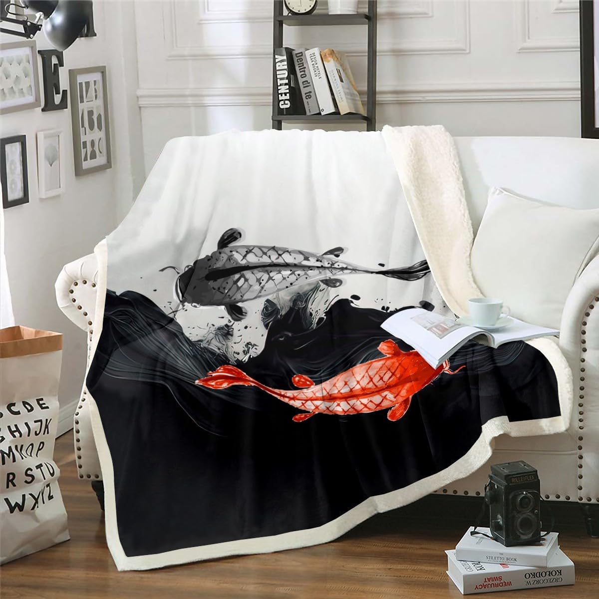 Yin Yang Japanese Koi Fish Fleece Blanket - Exotic Ocean Sherpa Throw