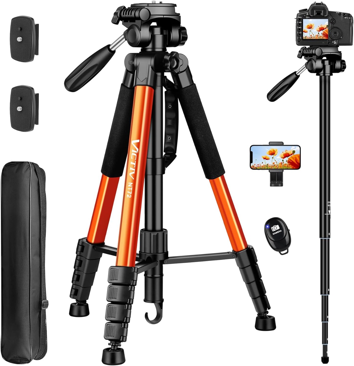 Professional 72in Tall Camera Tripod & Monopod for Travel