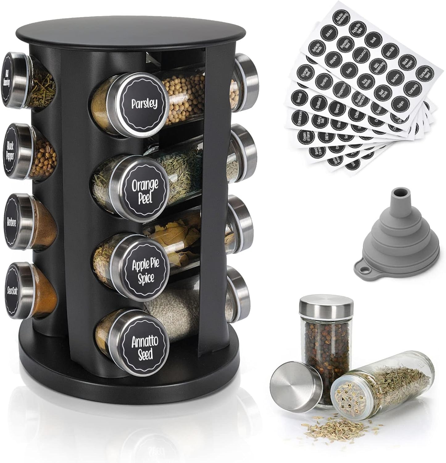 Rotating Spice Rack Organizer with 16 Jars and Labels Set
