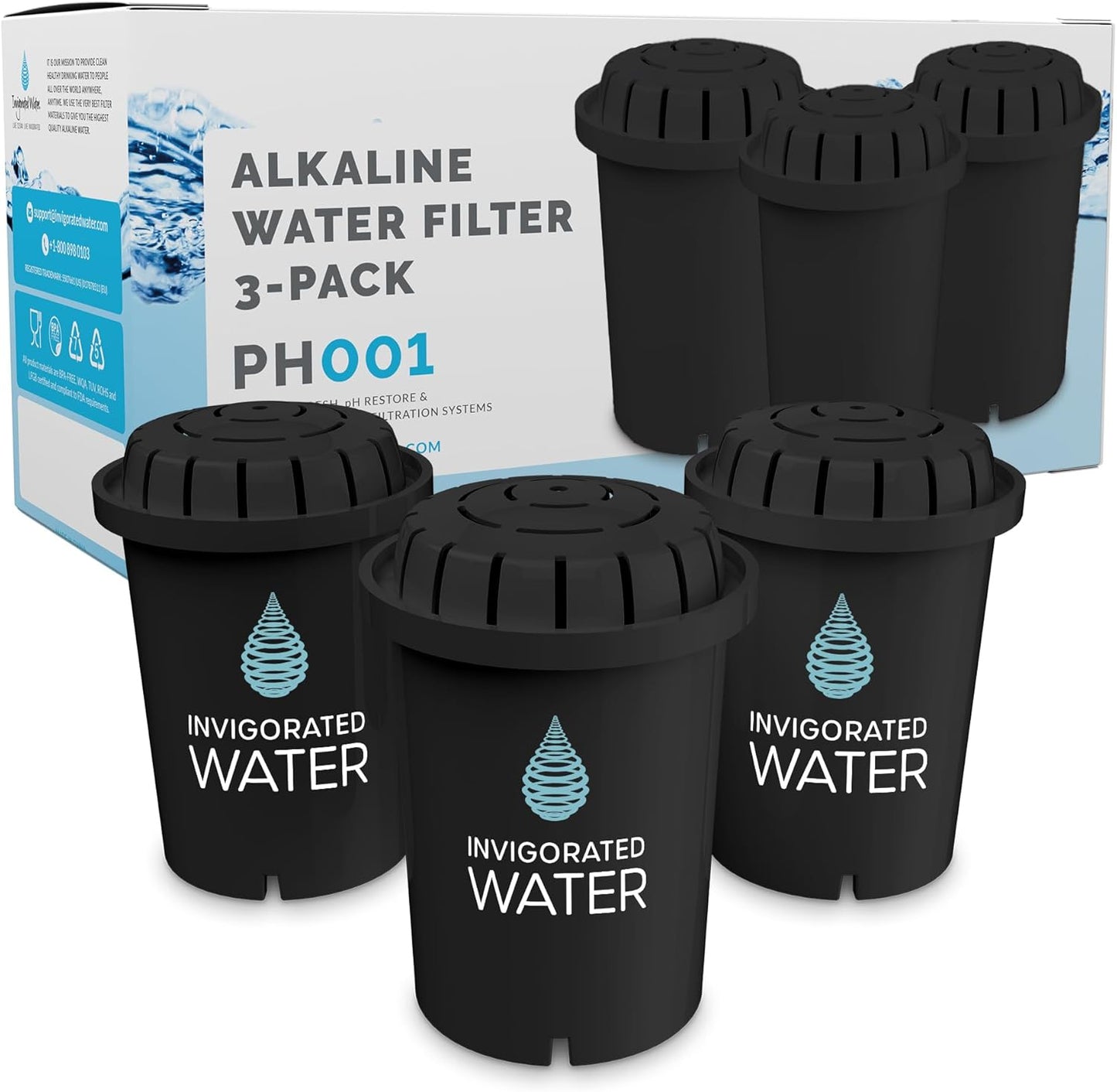 Invigorated Water PH001 Black Alkaline Water Filter 3-Pack