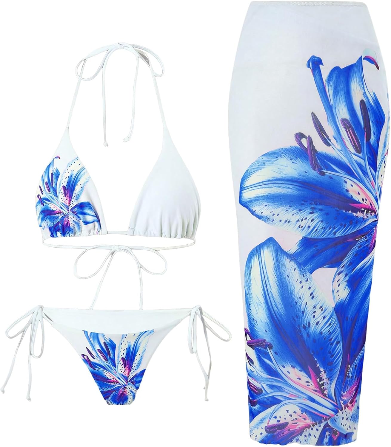 ZAFUL Womens 3pcs Swimsuit Floral Halter Triangle Bikini Set