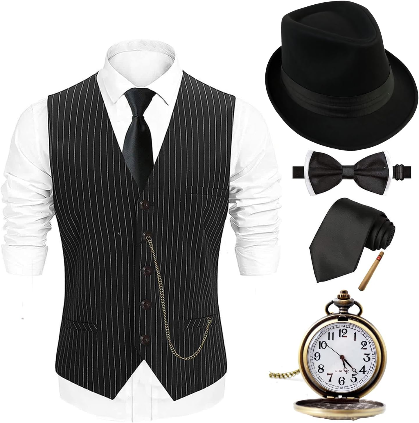 EFORLED 1920s Mens Costume Set with Vest, Bow Tie, and Watch