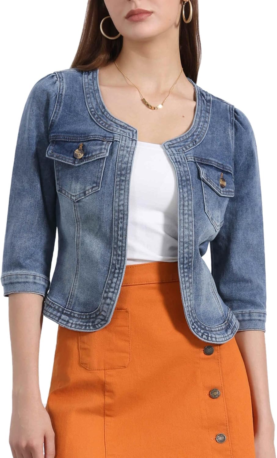 Collarless Denim Jacket for Women by Allegra K - Stylish Crop