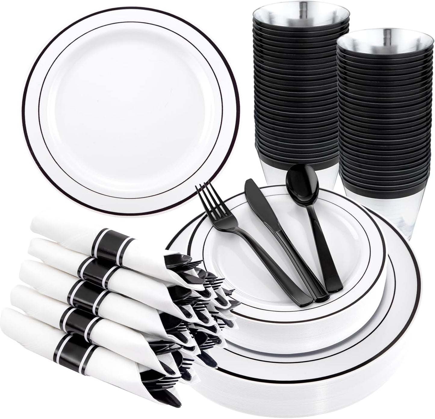 WELLIFE 350Pcs Black Plastic Dinnerware Set for All Occasions