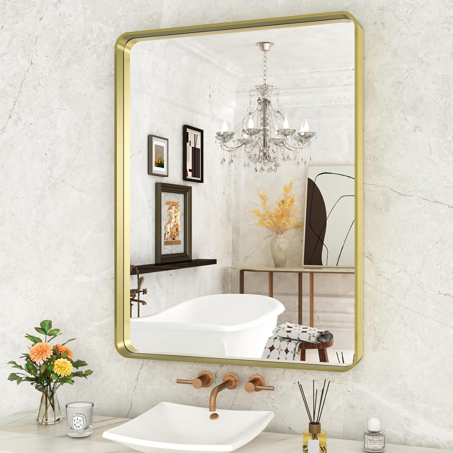 WEER Gold Bathroom Mirror with Durable Brushed Metal Frame