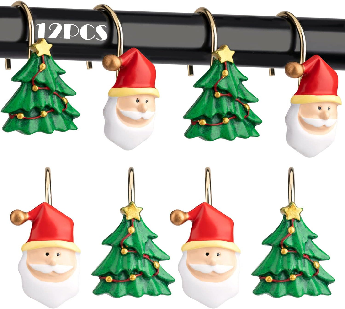 HELORAY Christmas Shower Curtain Hooks Set - Rust Proof, Festive Santa & Tree Design