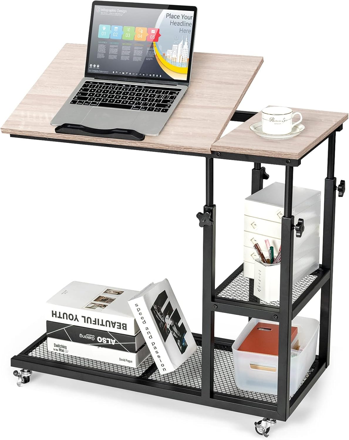 Tangkula Adjustable C Table with Lockable Wheels