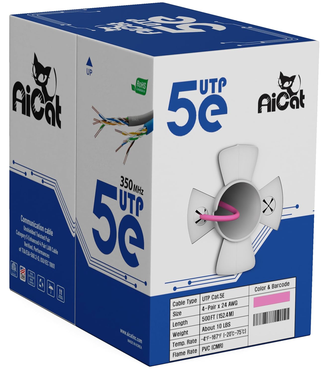 AiCat Cat 5e Ethernet Cable 500ft Riser CMR PoE++ for Gaming