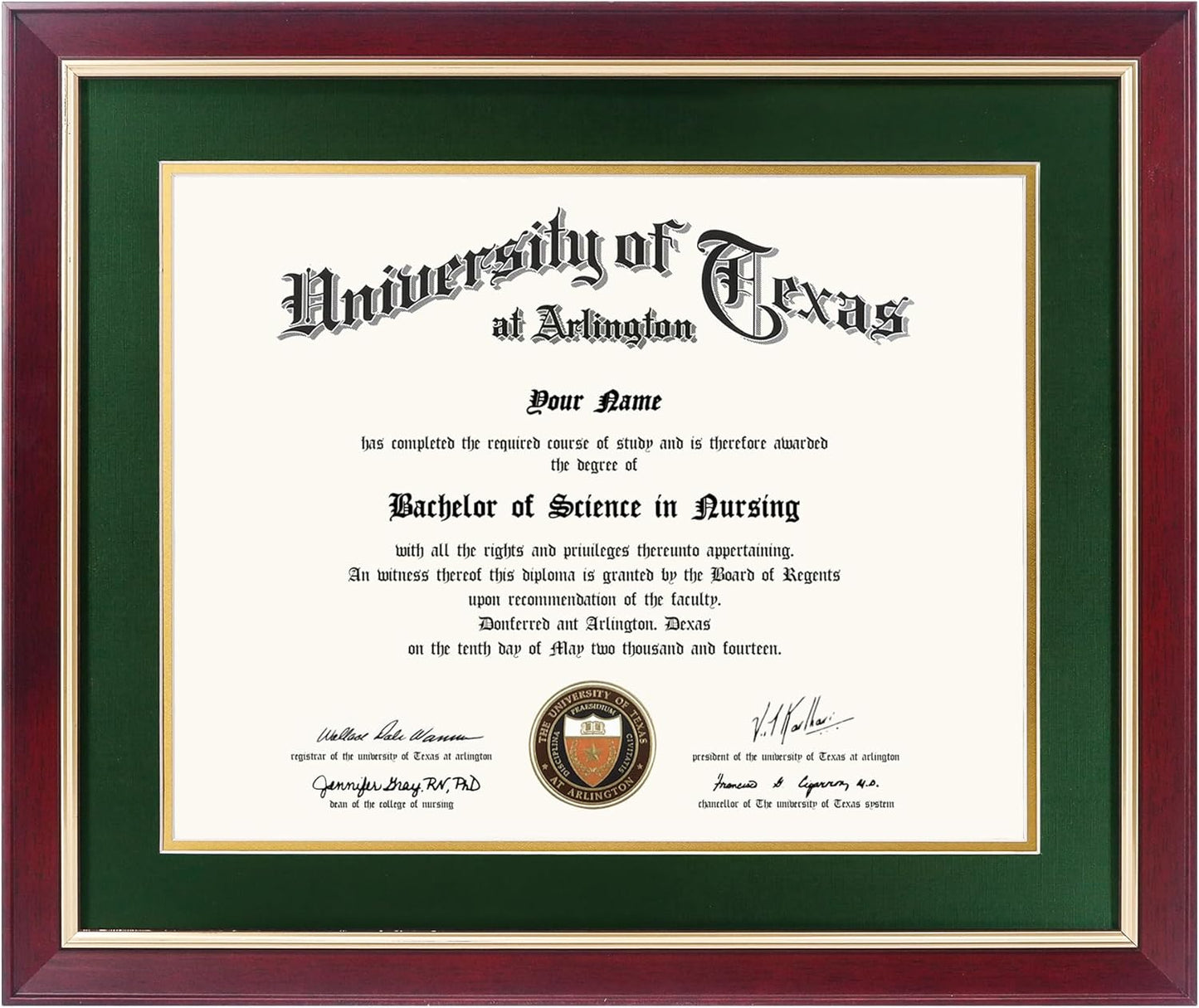 11x14 Wood Diploma Frame with Green Mat and Gold Trim Design