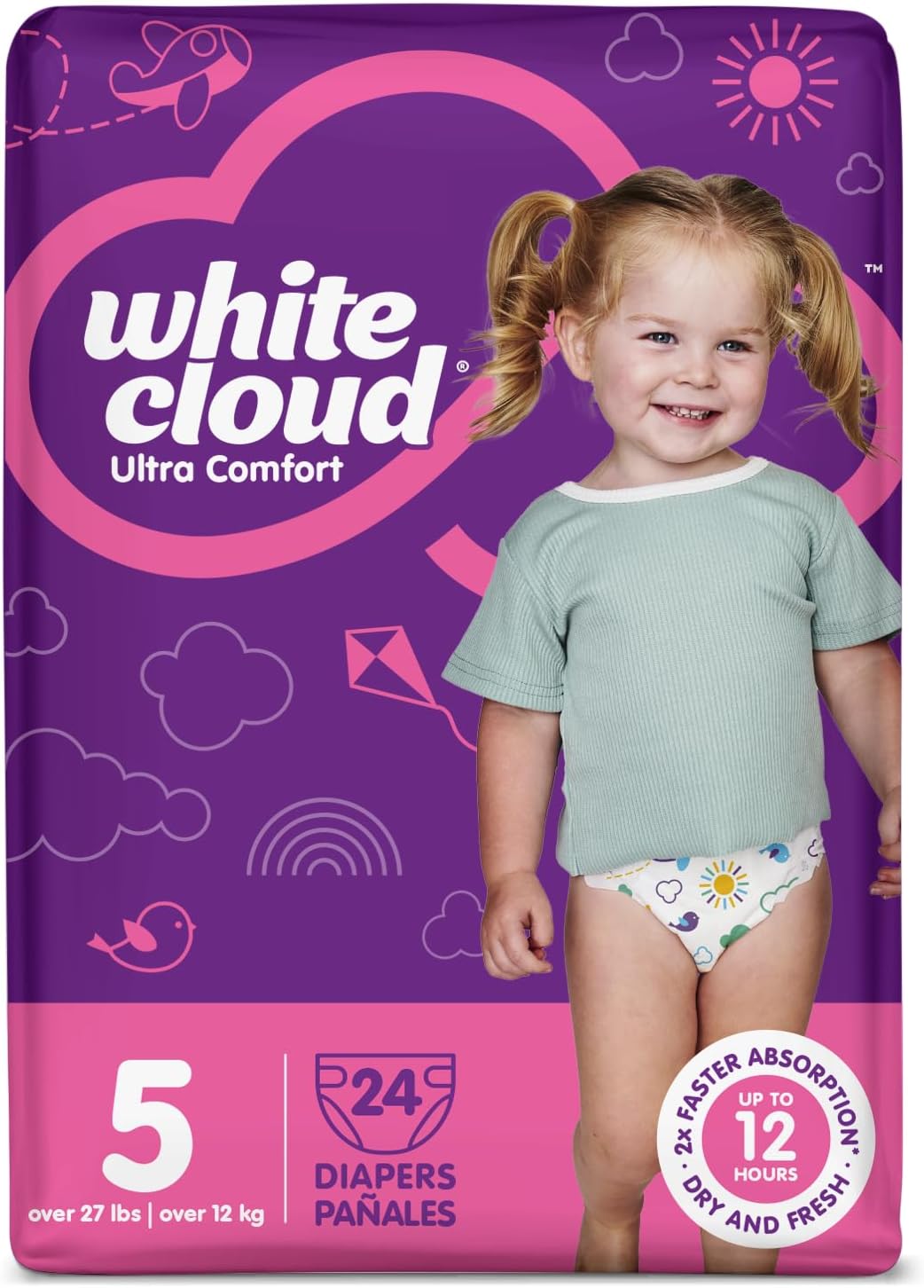 White Cloud Ultra Comfort Diapers - Size 5, 27+lbs - 96 Diapers