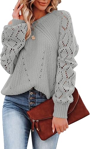 SHEWIN Women's Casual Long Sleeve Crochet Sweater for Comfort