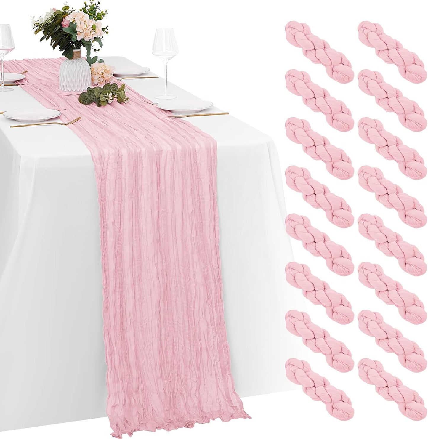 16 Pack Light Pink Cheesecloth Table Runners for Elegant Decor