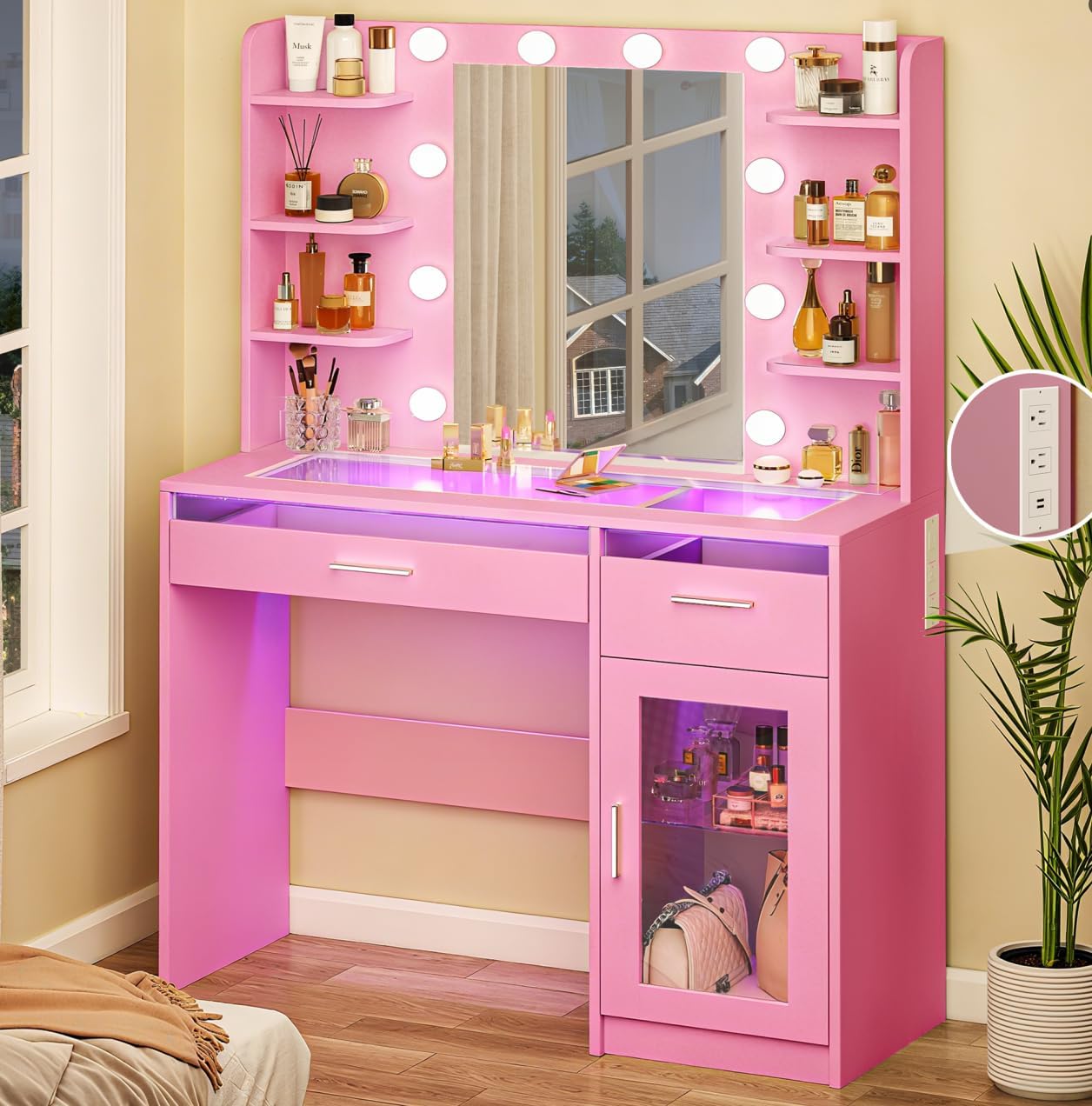 Makeup Vanity Desk with Lights and Transparent Top for Bedroom