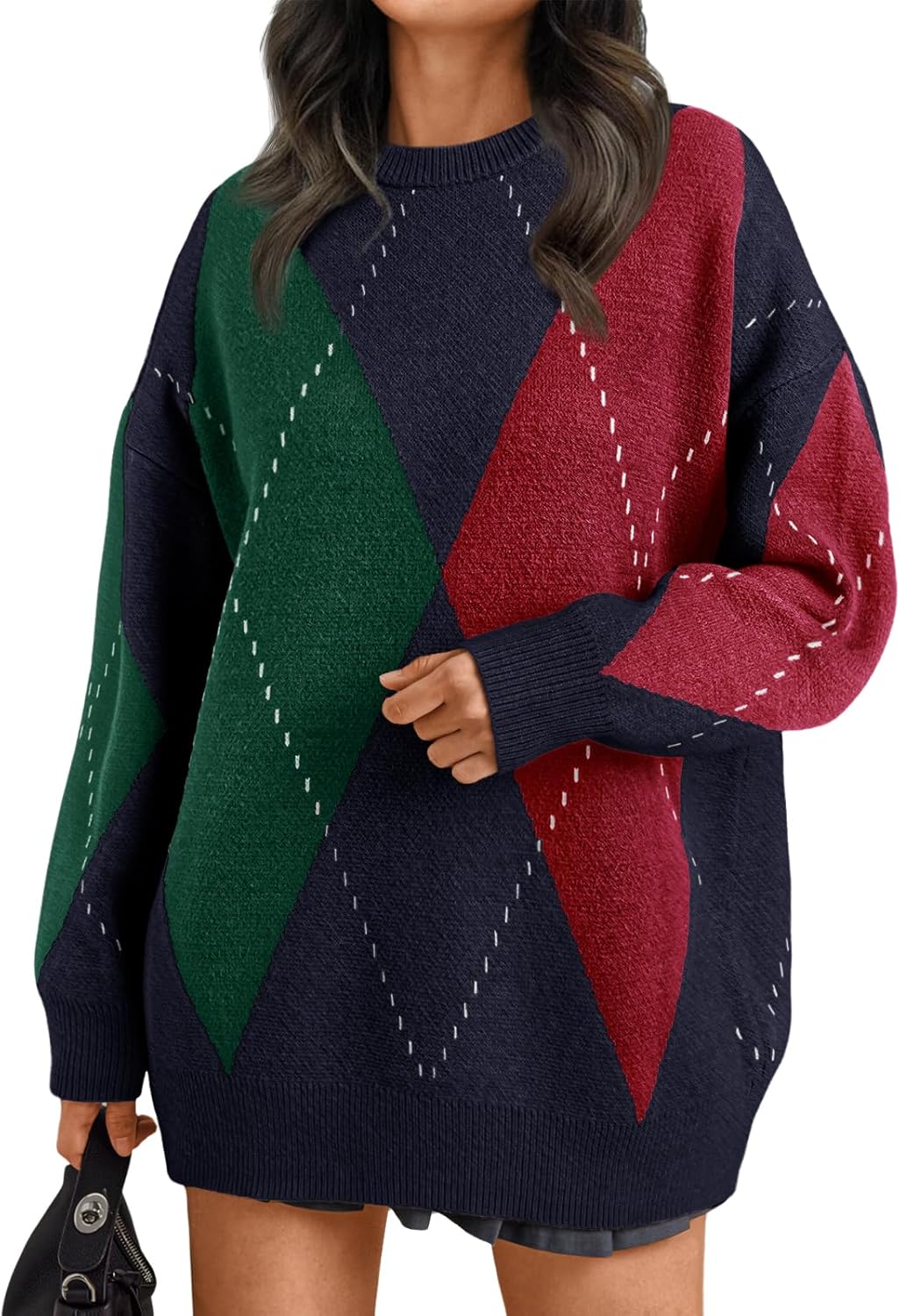 Trendy Queen Women's Color Block Argyle Oversized Sweater