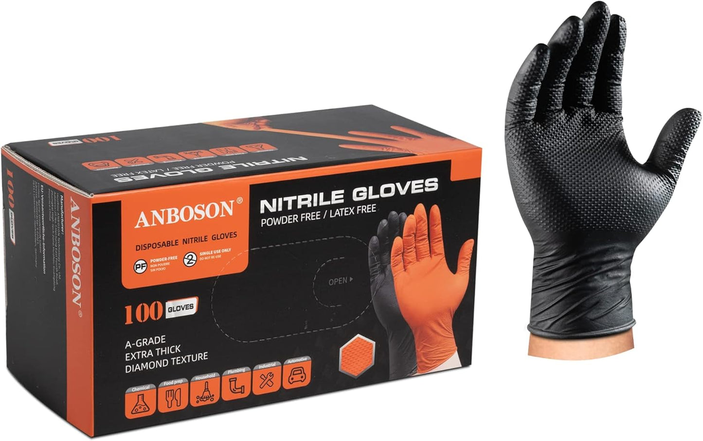 ANBOSON Black Nitrile Gloves - Heavy Duty Chemical Resistant