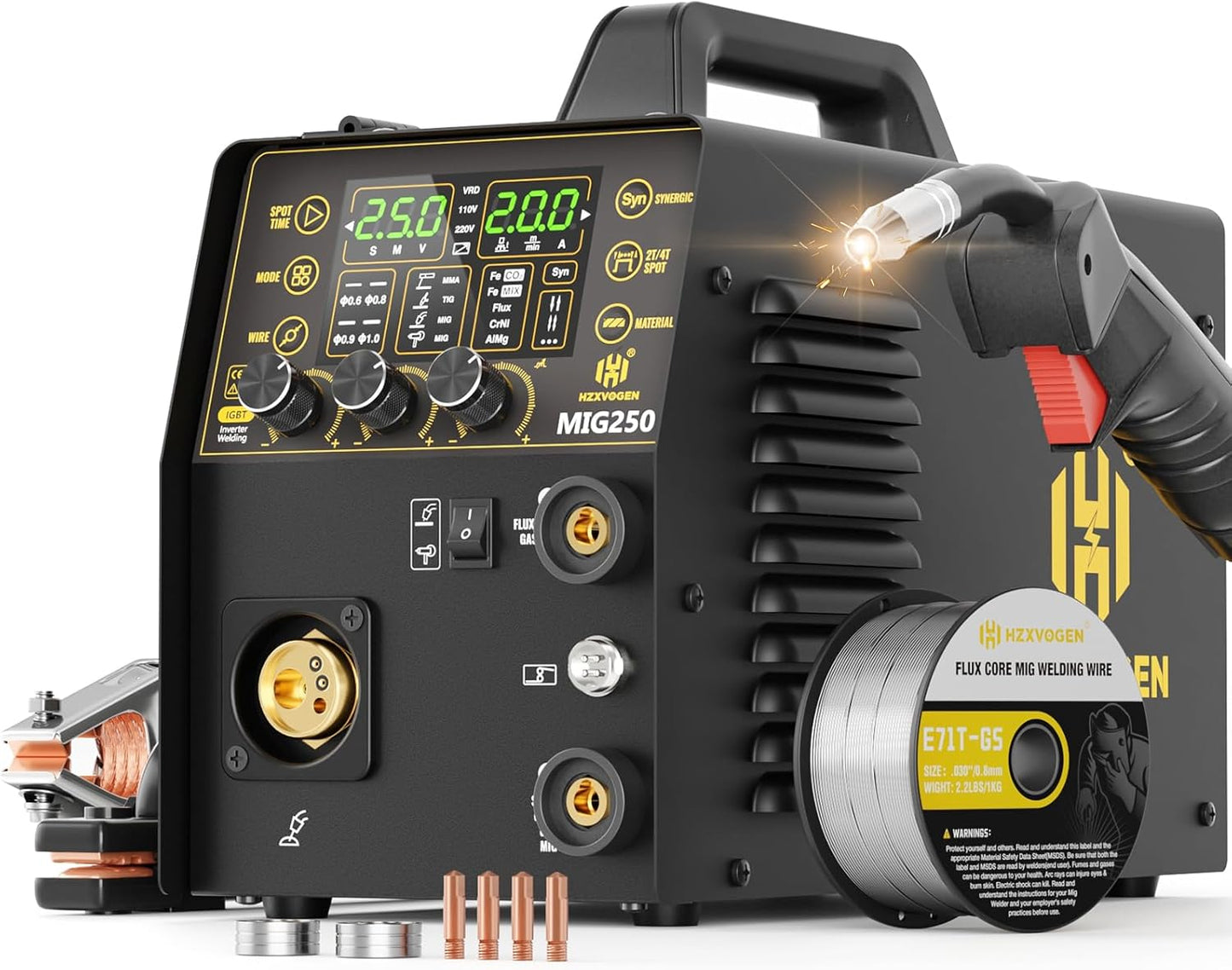 H HZXVOGEN Aluminum MIG Welder: 250A 6 in 1 Multi-Process Tool