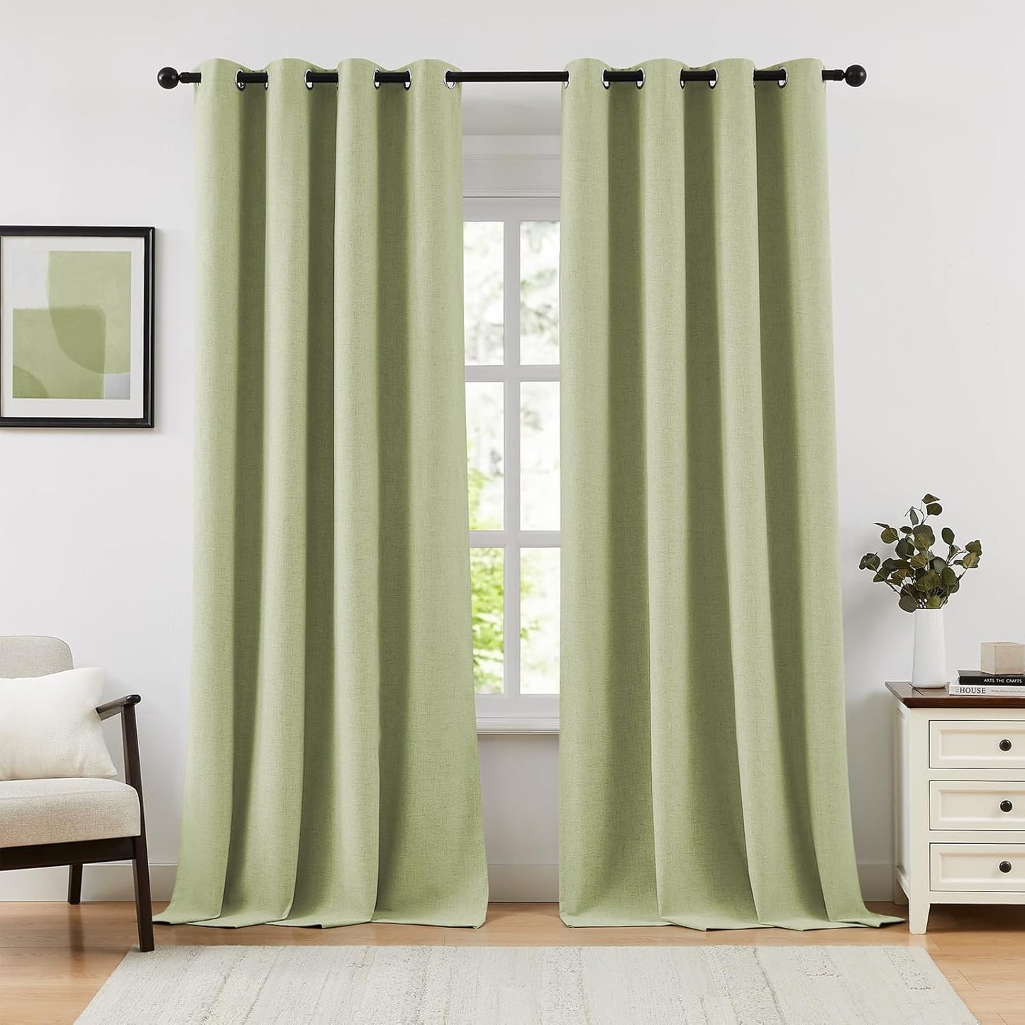 Sage Green 100% Blackout Linen Curtains Set - 84 Inch Length - Textured Farmhouse Style - Anpark