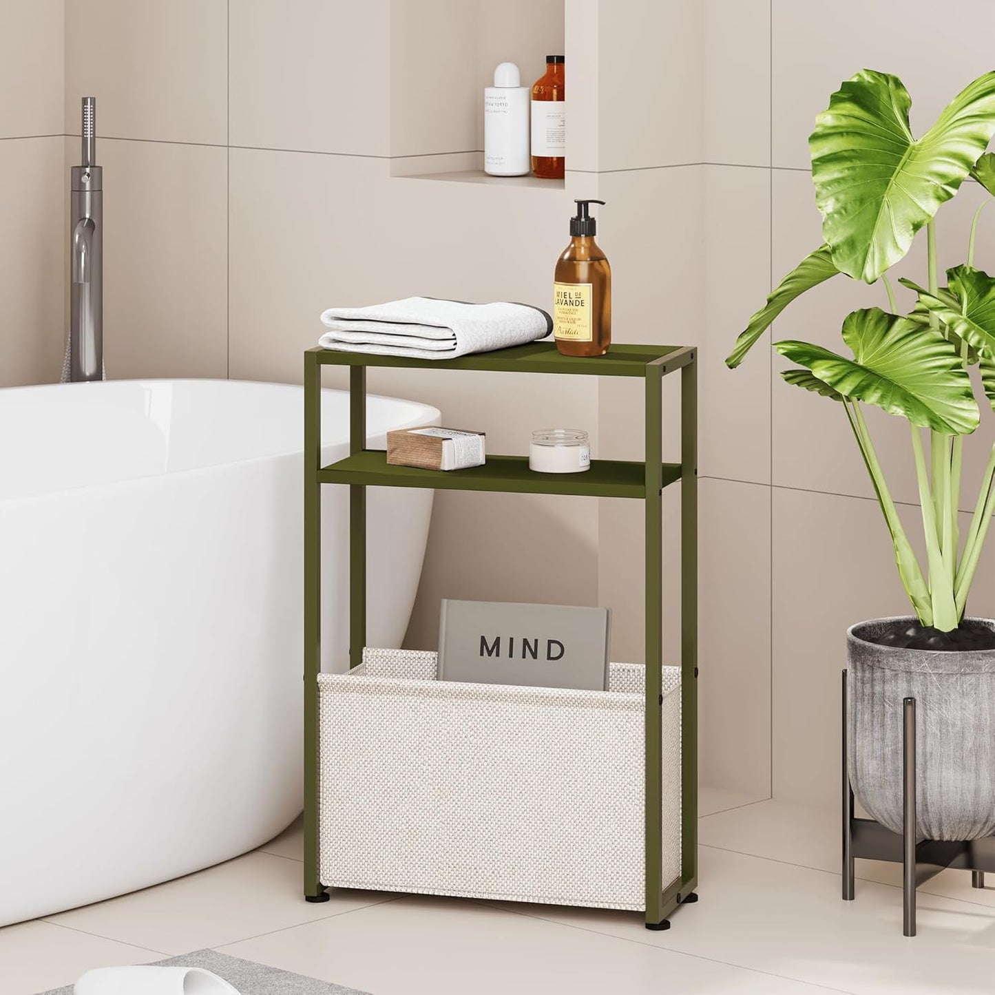 Narrow Side Table with Fabric Basket for Small Spaces