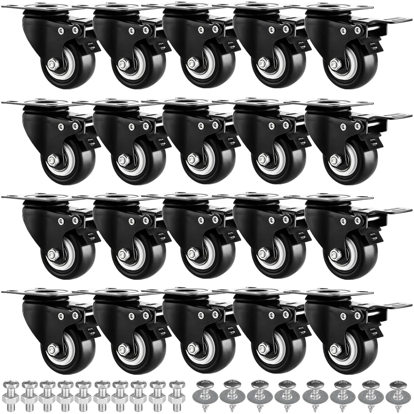 2 Inch Heavy-Duty Industrial Caster Wheels Set of 20 with Brake