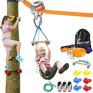 Hooroor Slackline Pulley Set with 52FT Zip Line for Kids Fun
