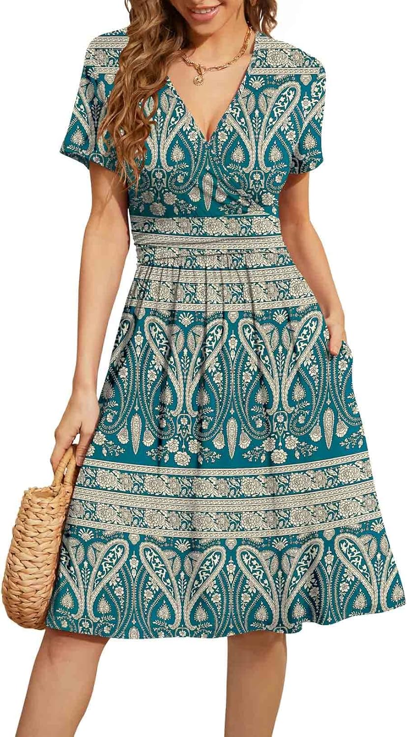 WEACZZY Women's Summer Short Sleeve Casual Floral Dress with Pockets