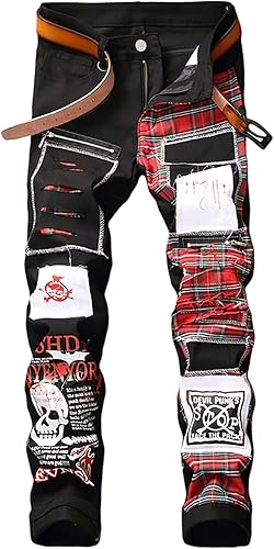 Enrica Men's Straight Slim Fit Ripped Distressed Jeans with Patches
