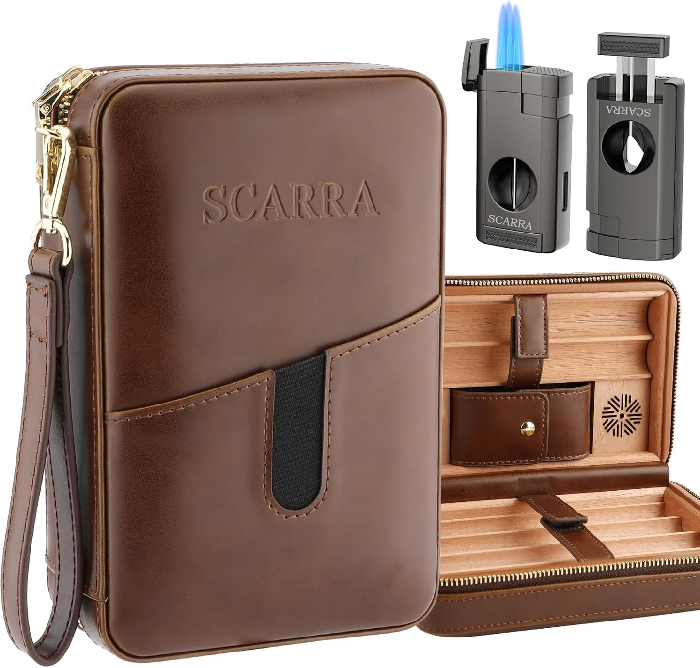 SCARRA Travel Cigar Humidor Box with Lighter and Cutter Set
