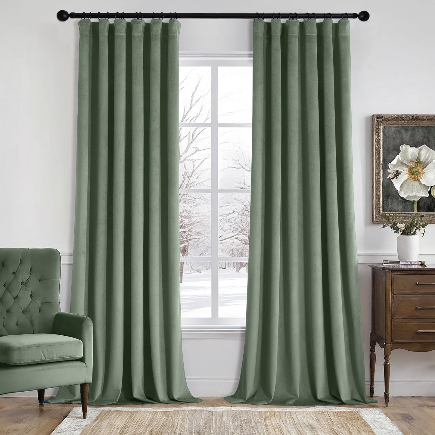 MIULEE Sage Green Velvet Curtains 108 Inch Length for Luxury Rooms