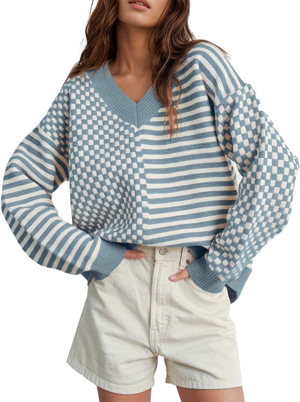 UNCLECAT Women's Striped Checkered Sweater for Trendy Style