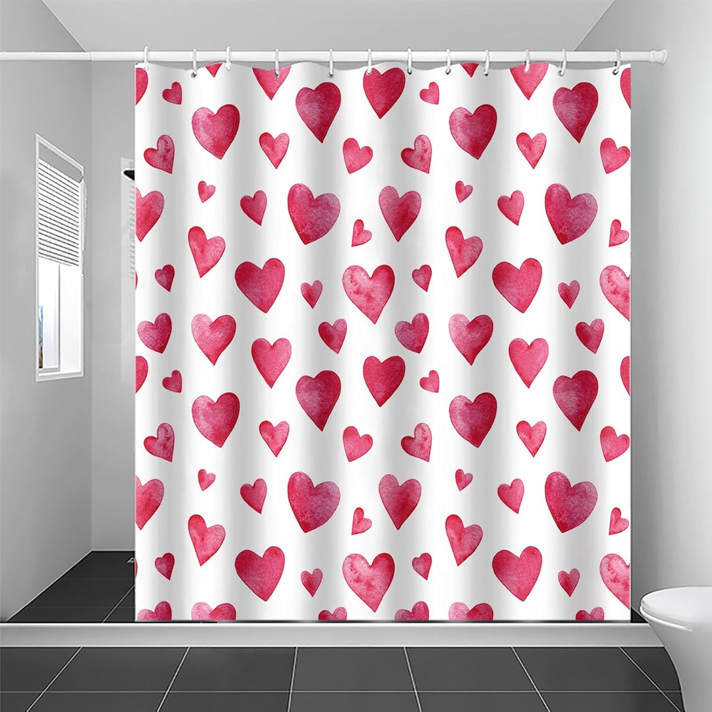 Watercolor Red Hearts Valentine Shower Curtain