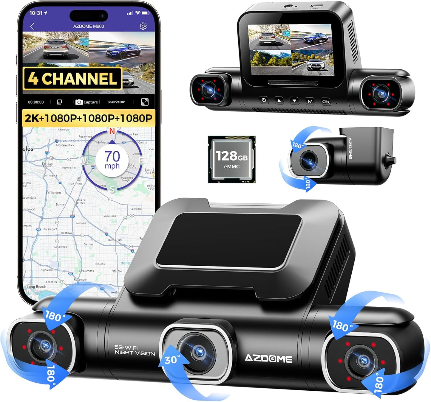 360 Dash Cam with 4 Adjustable Lenses and 128GB Storage