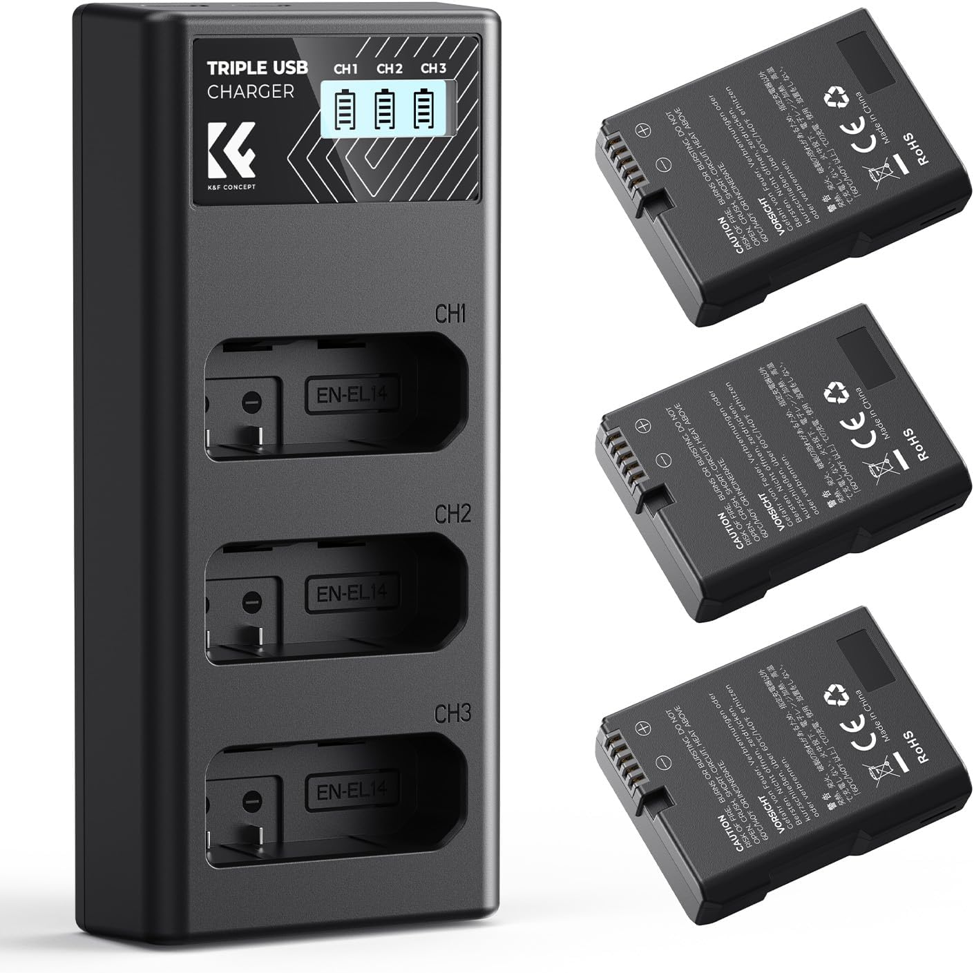 K&F CONCEPT 3-Pack EN-EL14a Batteries and Charger for Nikon
