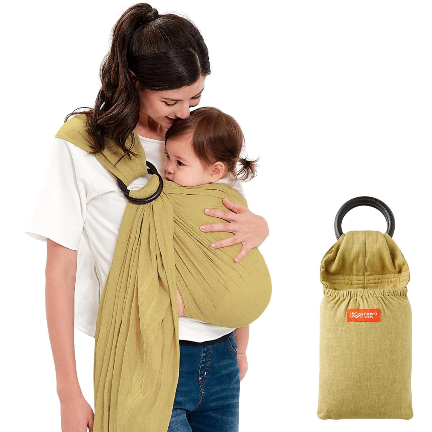 IHDI Certified Mamaway Baby Ring Sling - 154lbs Support, Soft Rayon & Linen, Safety Rings, Olive