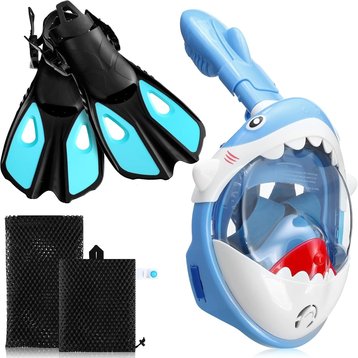 Kids Full Face Snorkel Mask Set - 180 Panoramic View & Adjustable Fins