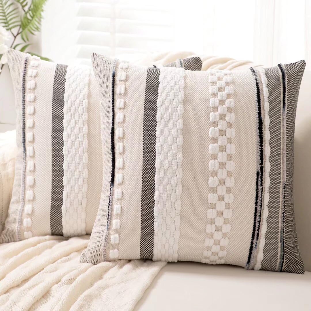 Boho Throw Pillow Covers 18x18 Set of 2 for Farmhouse Decor