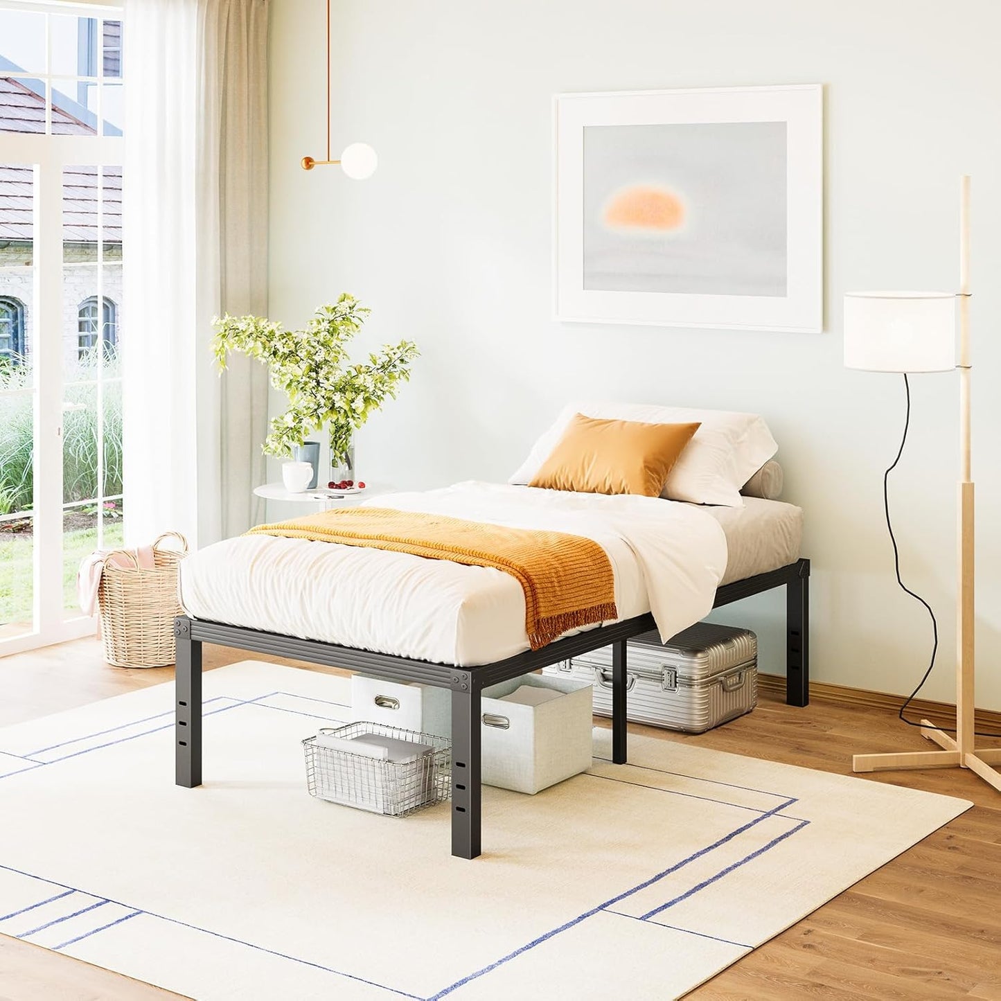 Twin Bed Frame with Reinforced Steel Slats for Heavy Duty Support