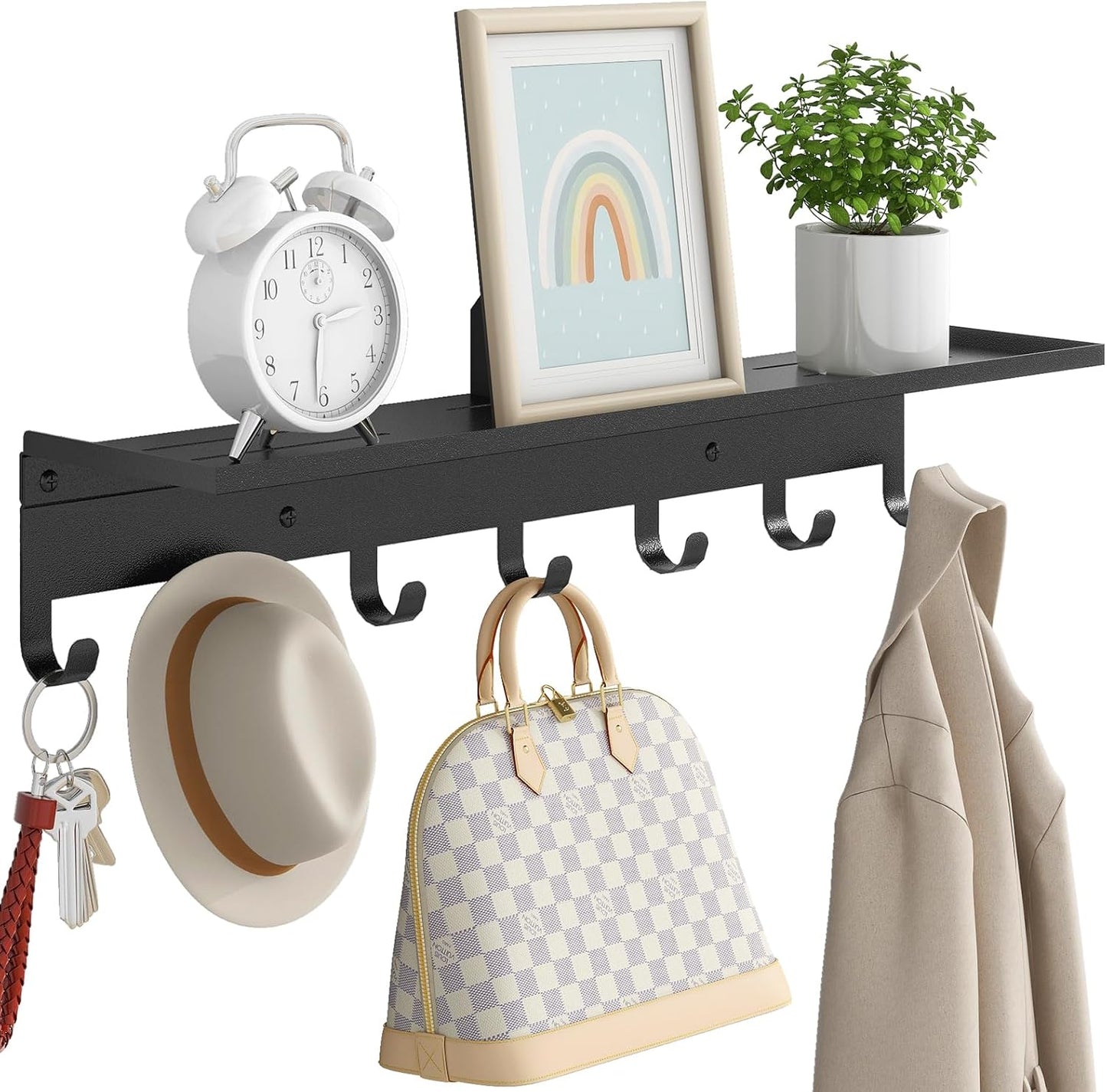 Wall Shelf with 7 Hooks for Stylish Entryway Organization
