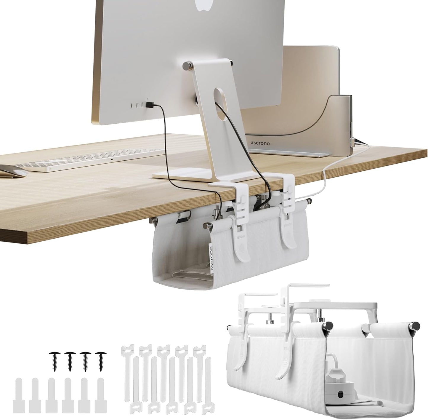 Ascrono CableCare Desk Tray - Conceal Cords - Easy Install - 66lbs