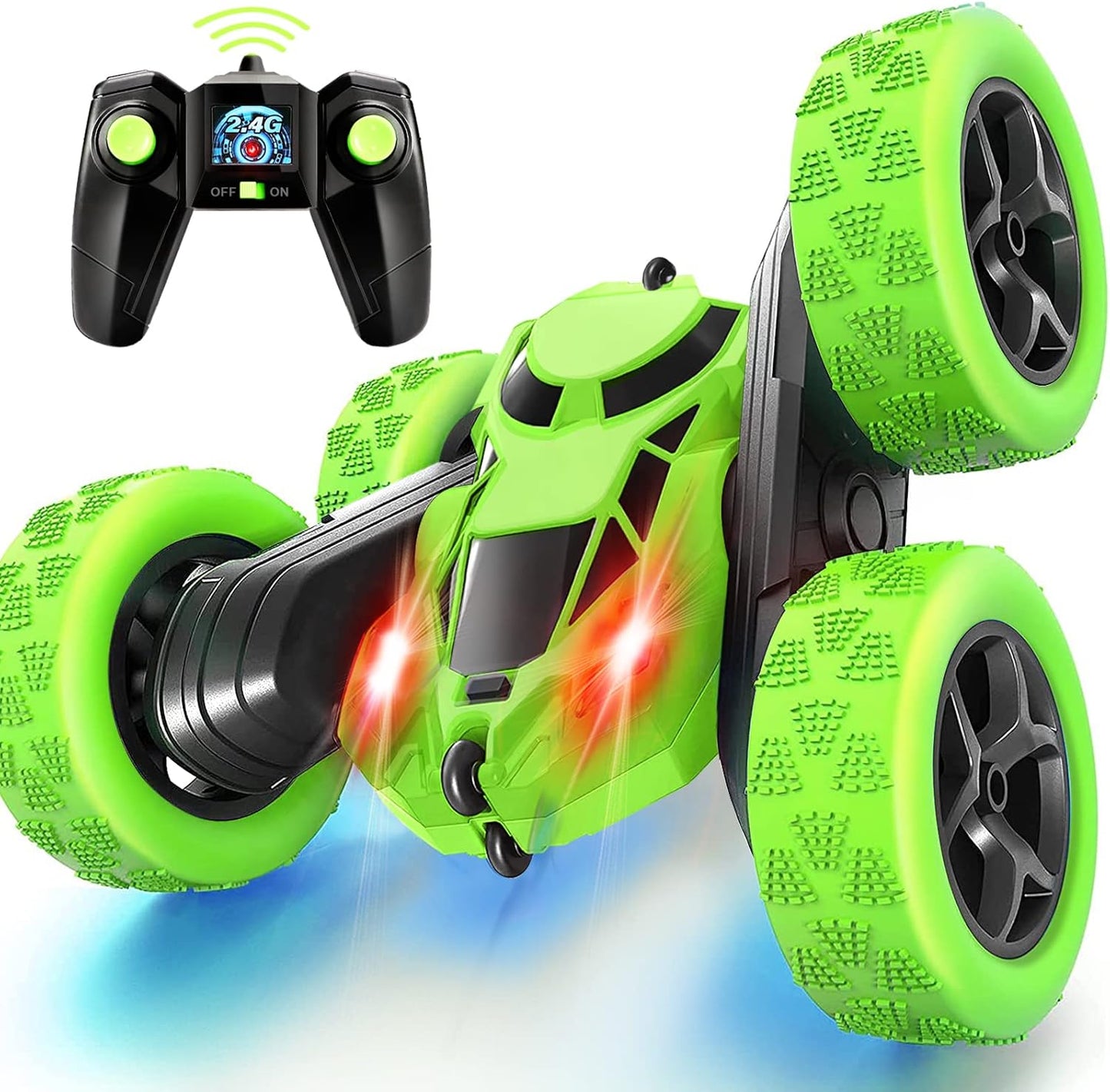 2.4Ghz RC Stunt Car: 90 Min Playtime, Double-Sided 360 Rotating, Off-Road Drift, Headlights - Green