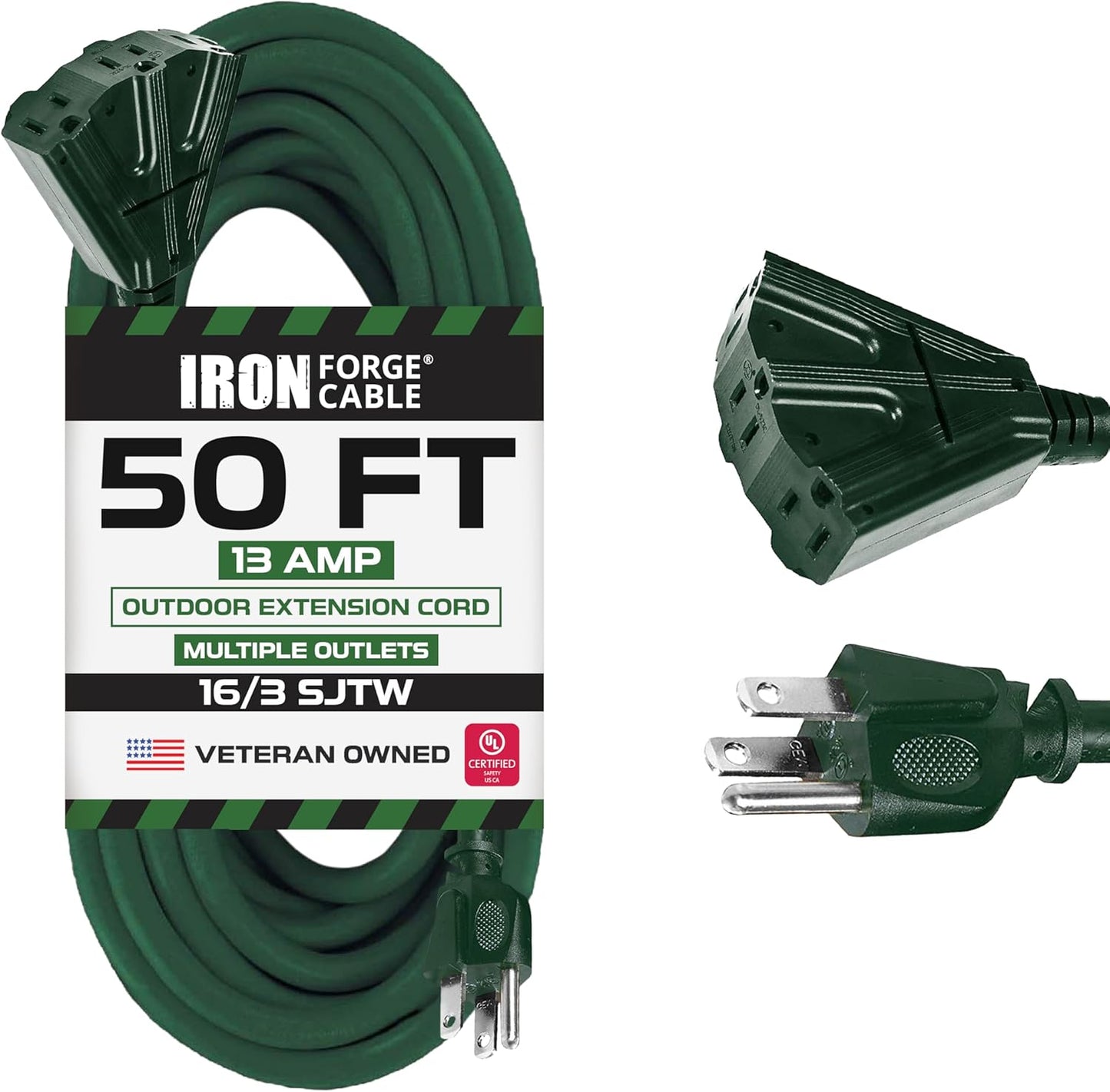50ft Outdoor Green Extension Cord with 3 Outlets for Versatile Use