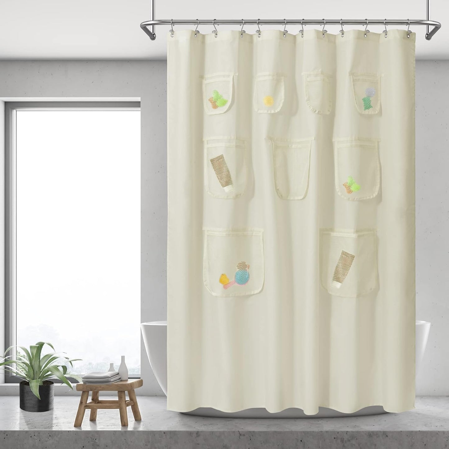 Waterproof Shower Curtain with 9 Mesh Pockets - Sand