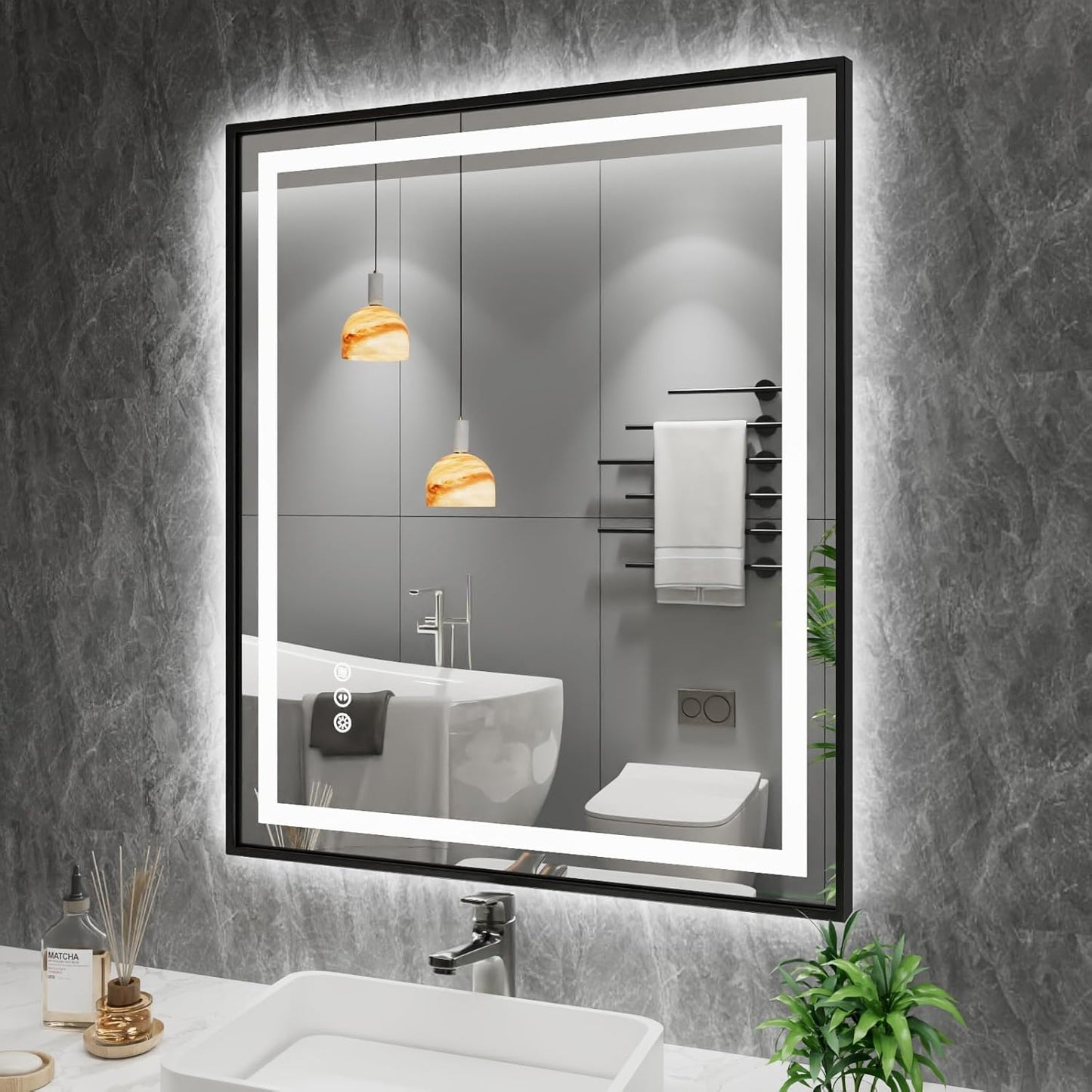 Amorho 36X30 Black LED Mirror with Front Light and Backlit Design