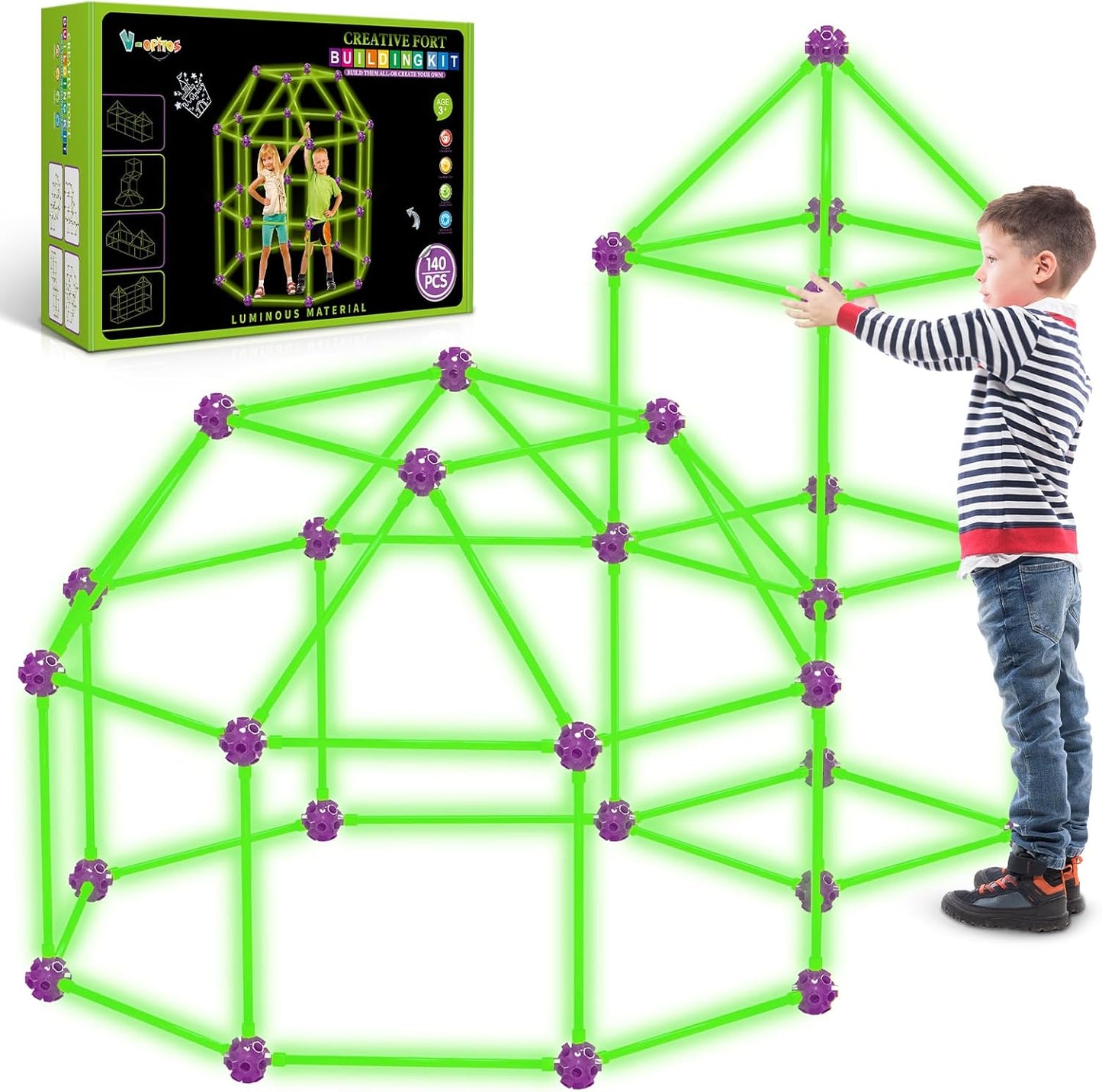 140 Pack Glow in The Dart Fort Building Kits for Kids Fun