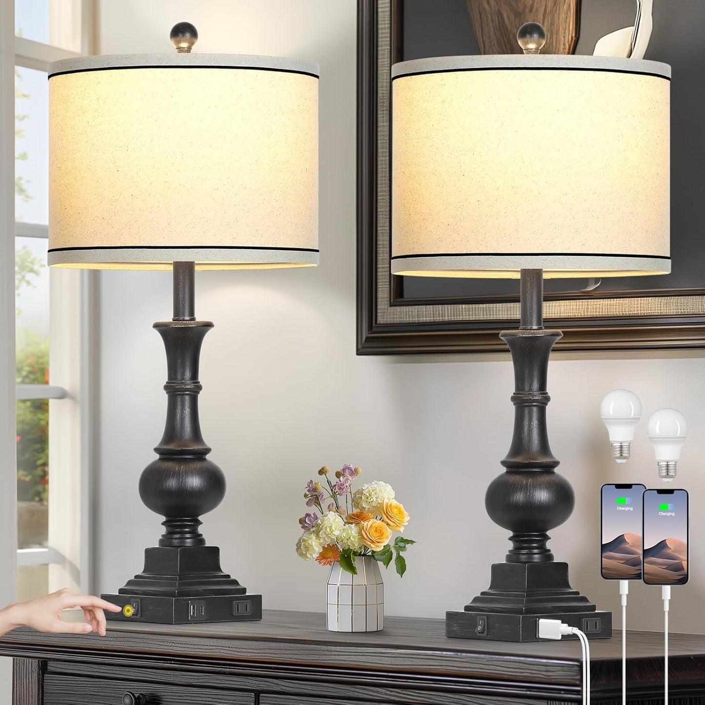 Farmhouse Lamps Set of 2 with USB Ports for Vintage Charm