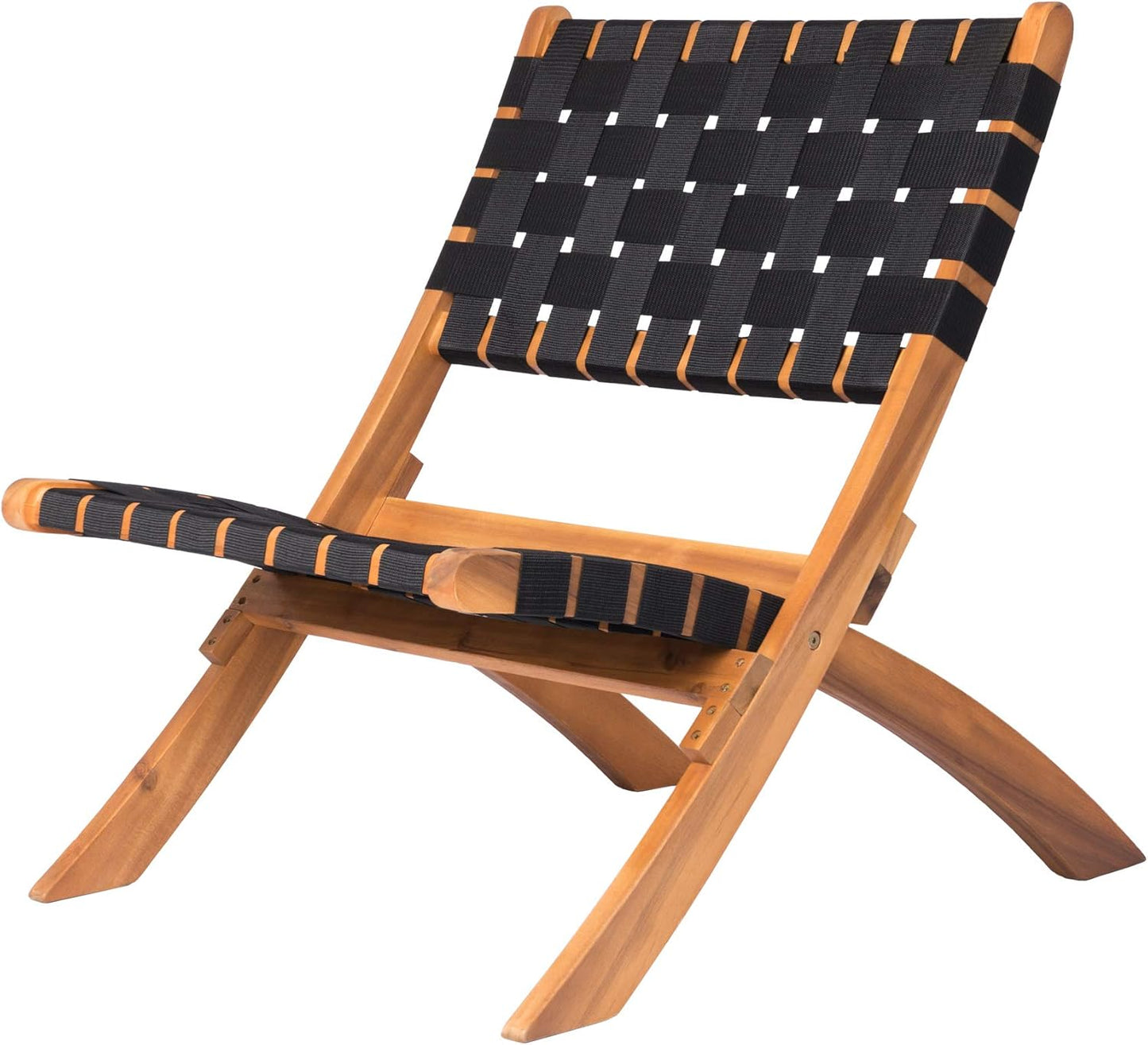 Portable Low Slung Folding Chair - Solid Acacia Wood, Black Webbing