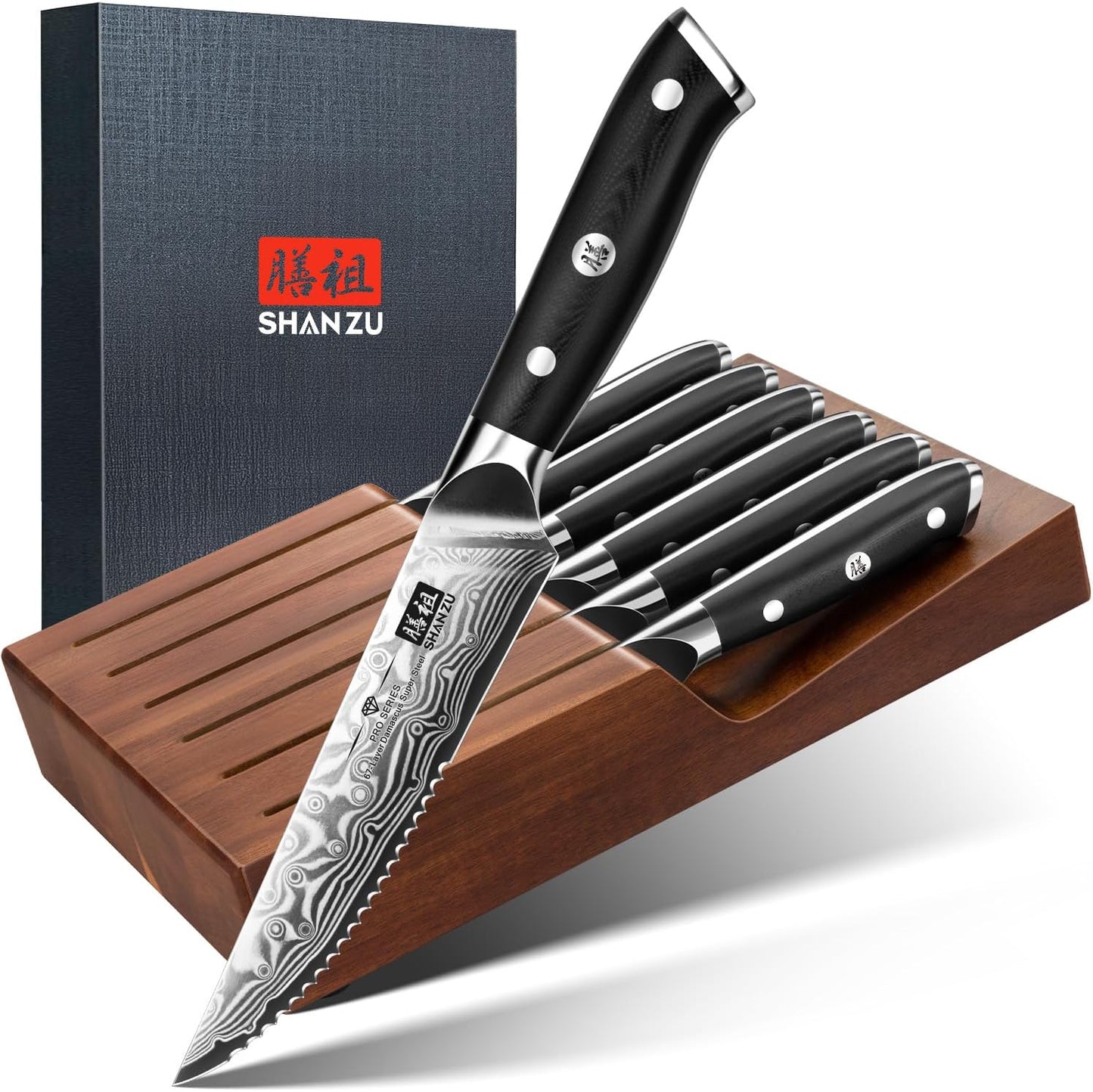 SHAN ZU Steak Knife Set with Block - Japanese High Carbon Steel