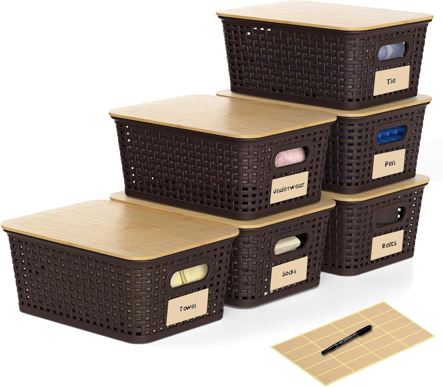 6 Pieces Brown Plastic Storage Baskets with Bamboo Lids for Organizing