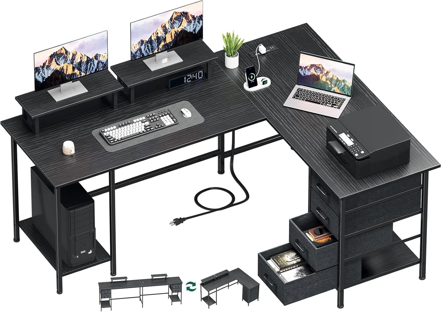 59 Inch L Shaped Computer Desk with Power Outlets and Drawers
