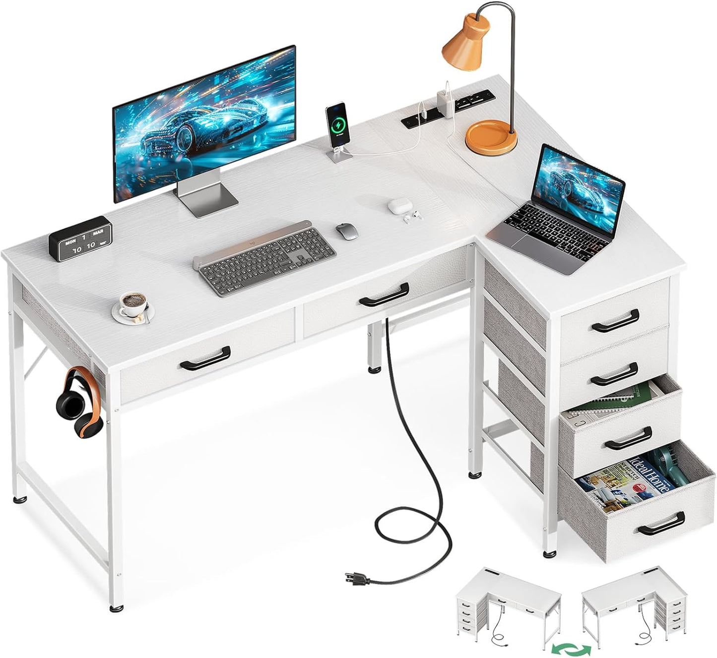 Coleshome 42 L Desk with Power Outlets & Drawers
